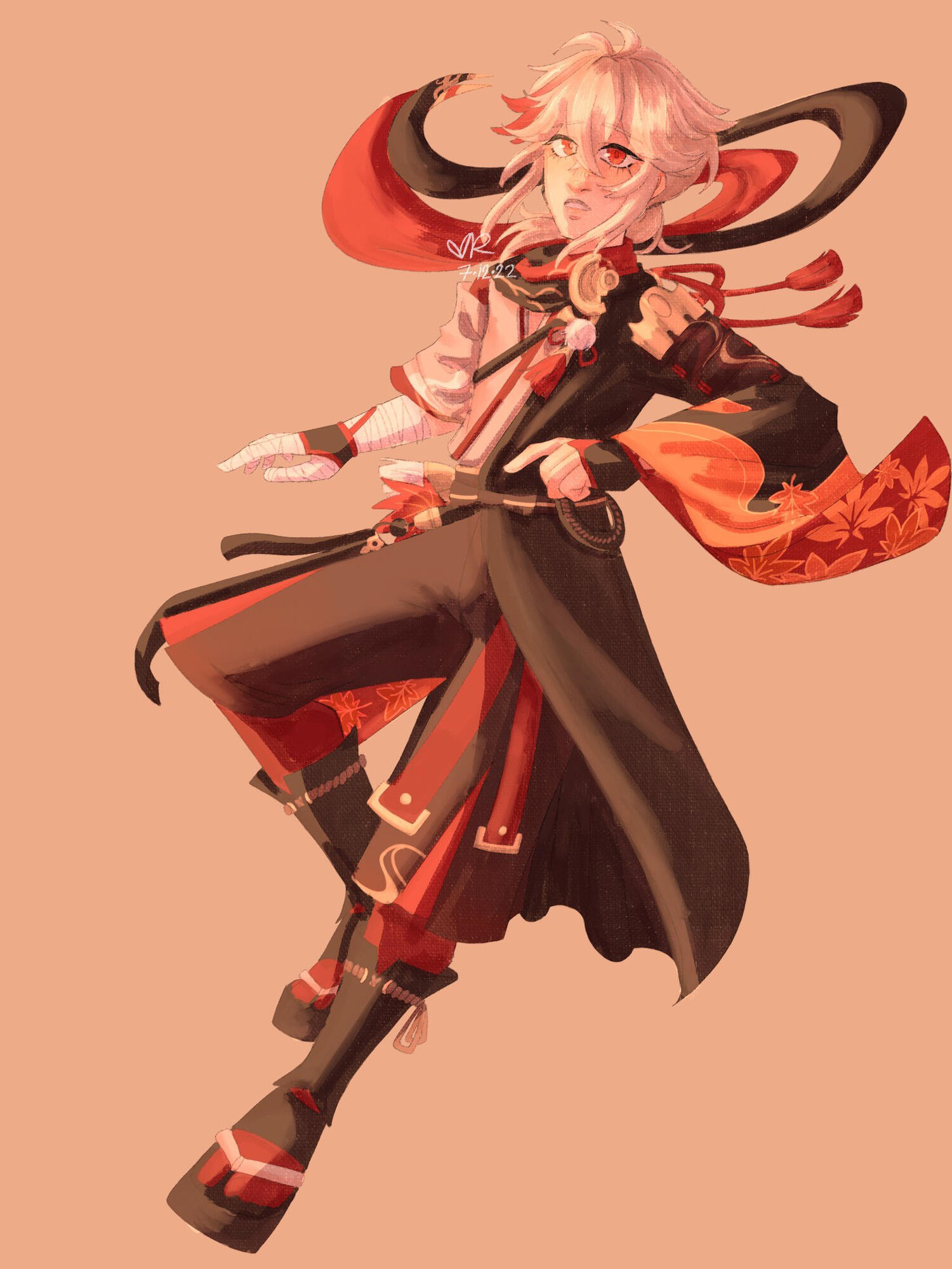 a full body illustration of kaedehara kazuha in motion, floating mid air.