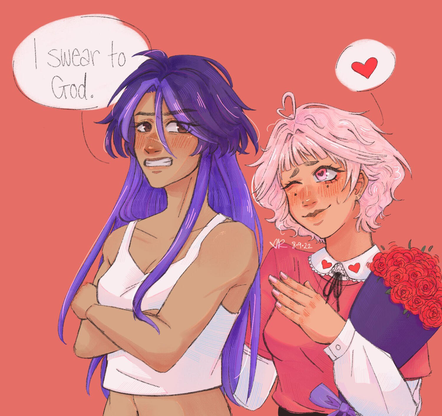 my original characters, viviana and rosamie. rosamie holds a bouquet in her arms and looks at viviana, who is blushing and says "i swear to god."