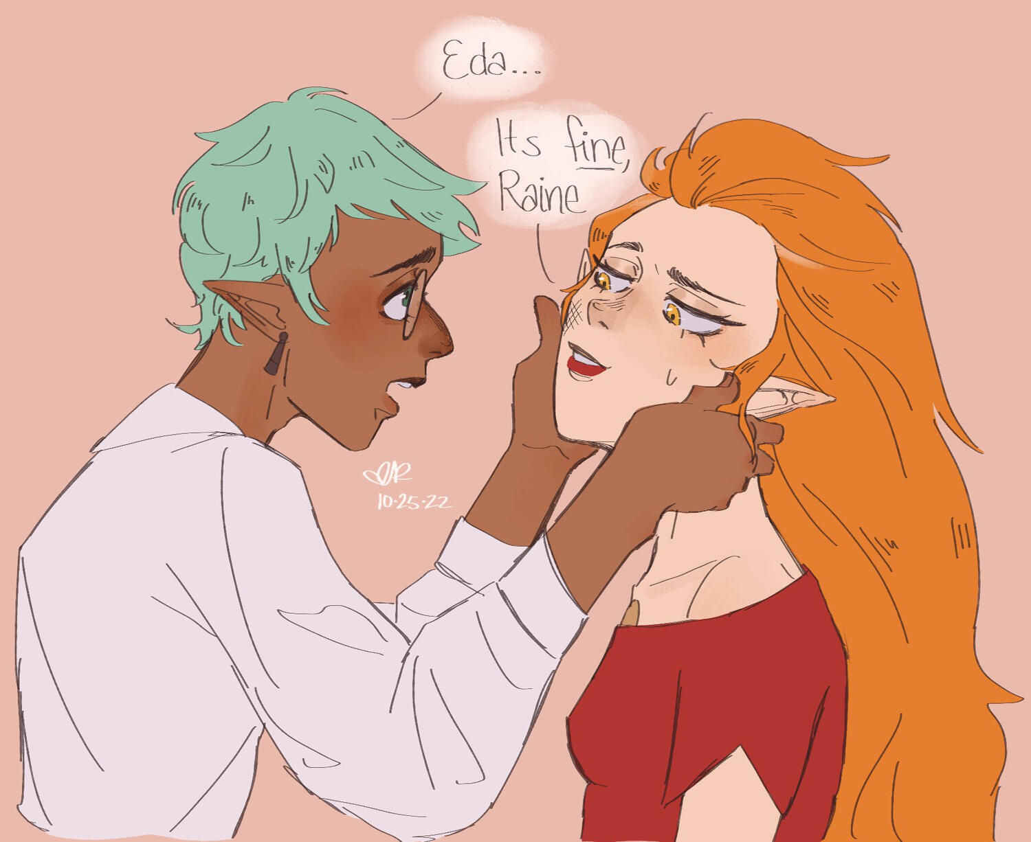 ship art of young adult eda and raine from the owl house. rain holds eda's face in their hands with a worried expression as they say "eda...". eda looks slightly amused and is saying "it's fine raine."