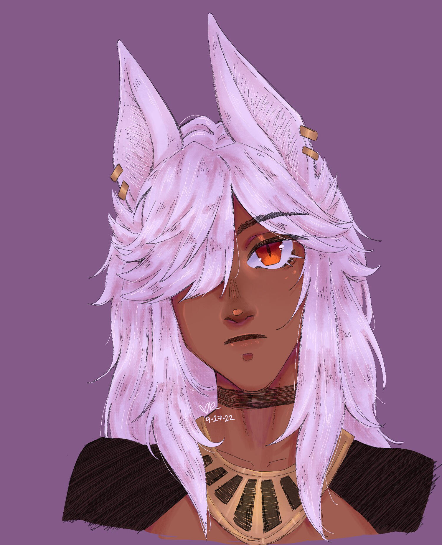 a headshot of cyno from genshin impact. his head piece is gone, replaced by long white jackal ears.