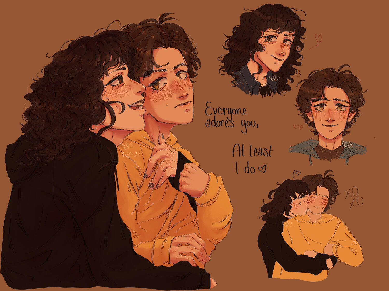 ship art eddie and steve from stranger things. the main illustration is eddie hugging steve from behind. there is then a headshot for each of them, and a silly doodle of them in a similar pose except eddie is trying to kiss steve's neck.