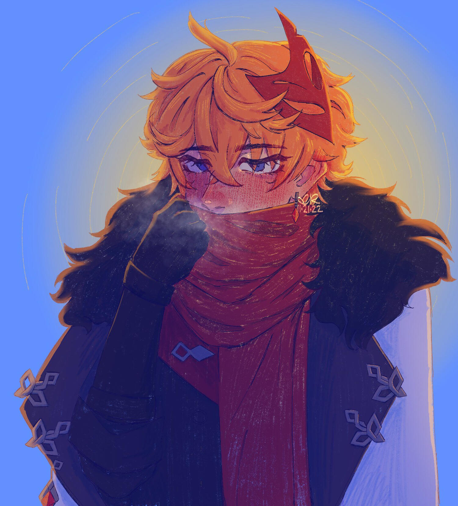 childe from genshin, in his harbinger coat. his scarf covers his face just below his nose, and his face is flushed from the cold. theres also a cloud from his breathe