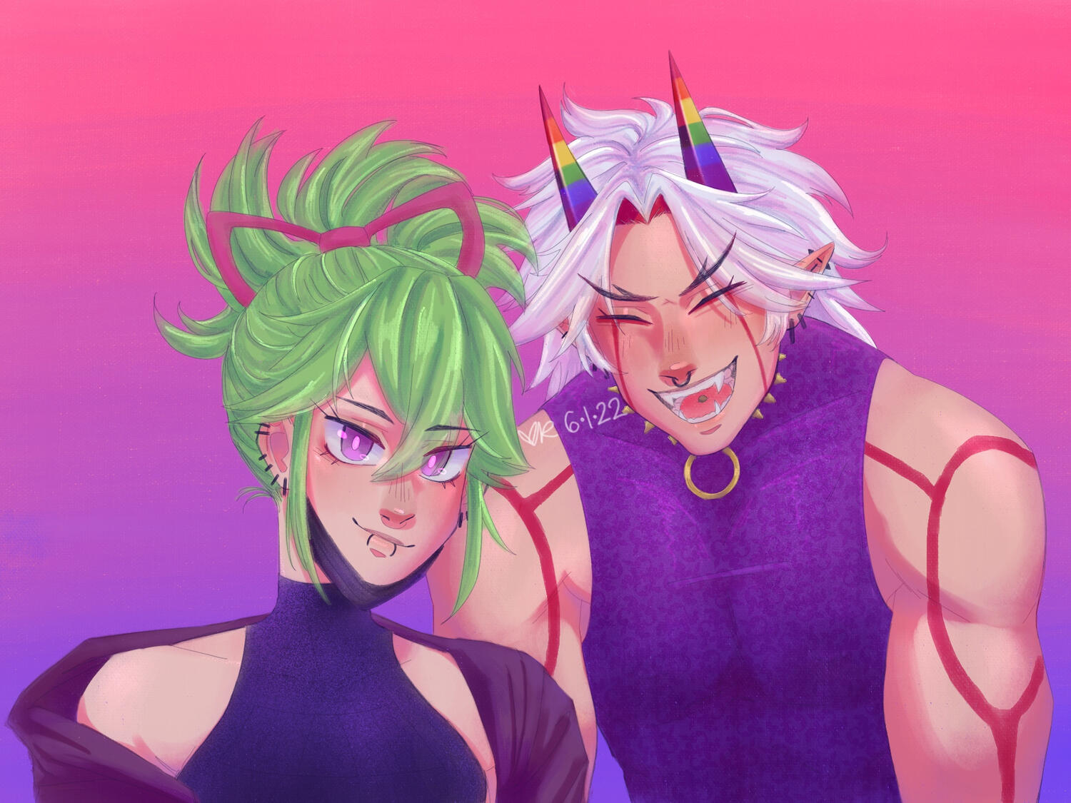 kuki shinobu and arataki itto with the bisexual flag behind them. itto's horns are painted rainbow.