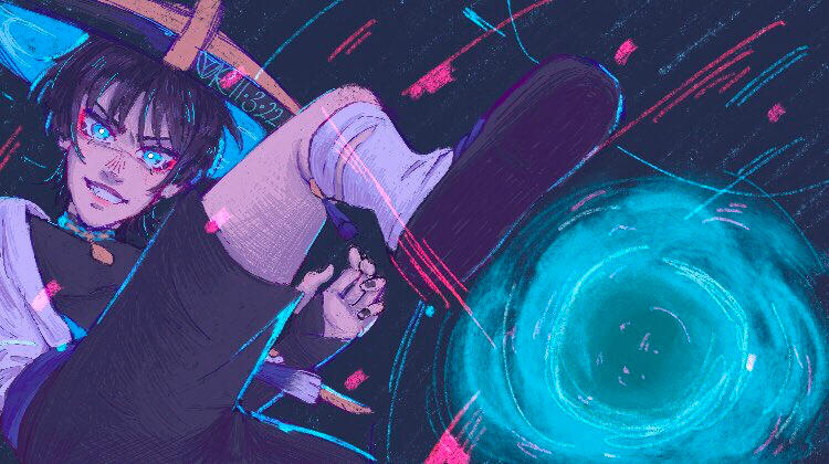 a redraw of scaramouche from genshin during his burst attack, before it was updated (redrawn from leaks).