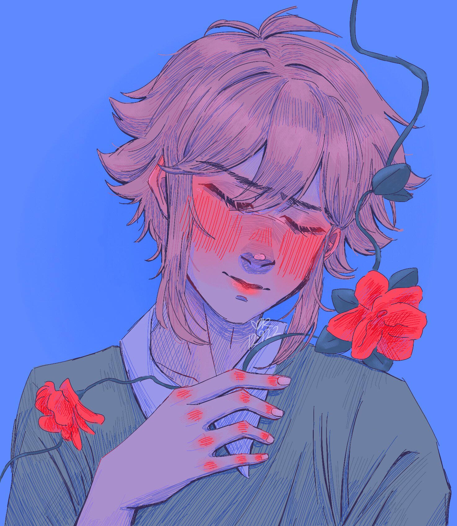 real world basil from omori. his eyes are screwed shut as he blushes, and he has a hand up by his chest that's barely brushing a vine of flowers that goes across the piece.