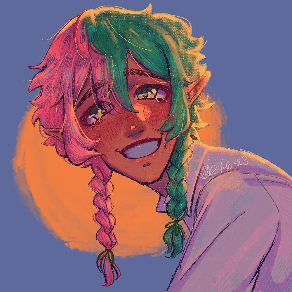 a headshot of my oc, lux vespertine. they're leaning over and smiling, their half pink and half green hair in two low braids.