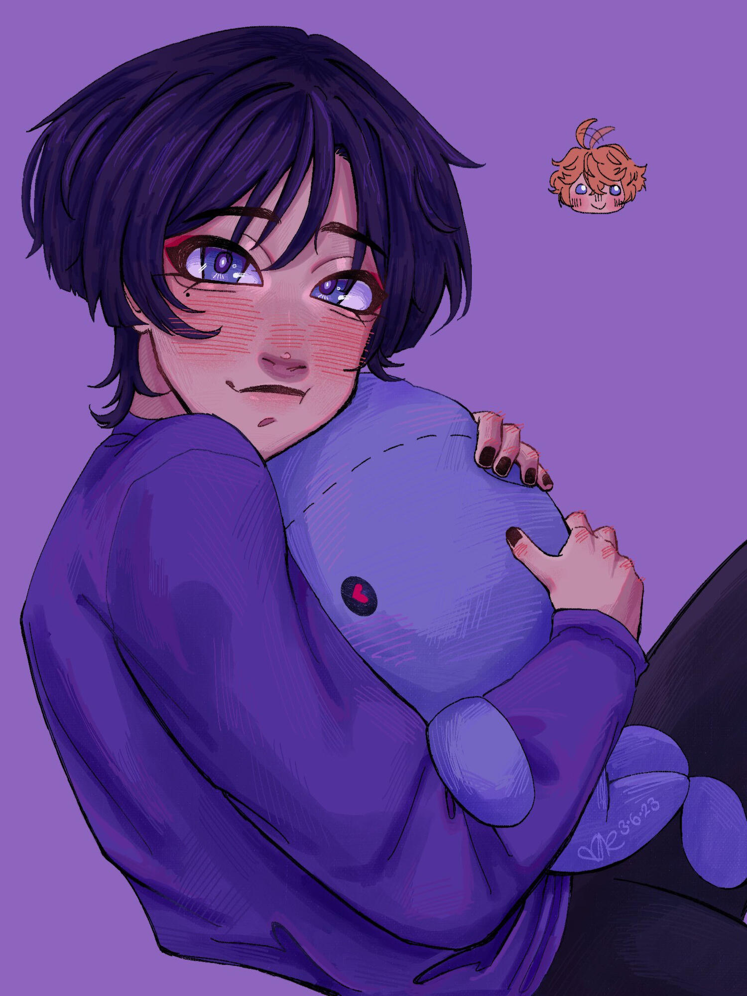 scaramouche in a cozy purple sweater rather than his in game outfit. he's blushing and smiling softly as he holds a blue whale plushie. a little chibi childe smiles at him in the corner, his hair wagging like a tail.