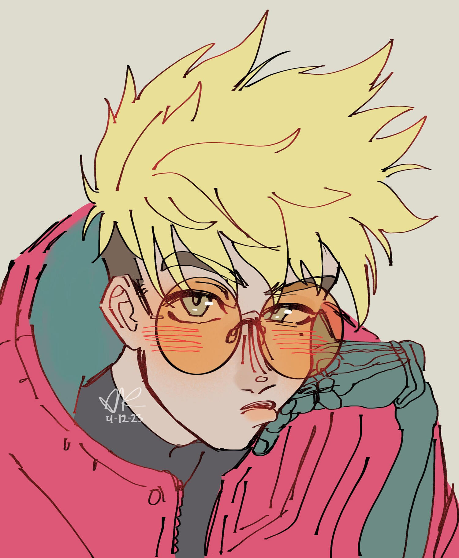 my first digital drawing of vash from trigun stampede. it's a redraw of concept art where he is pouting as his cheek rests on his prosthetic hand.